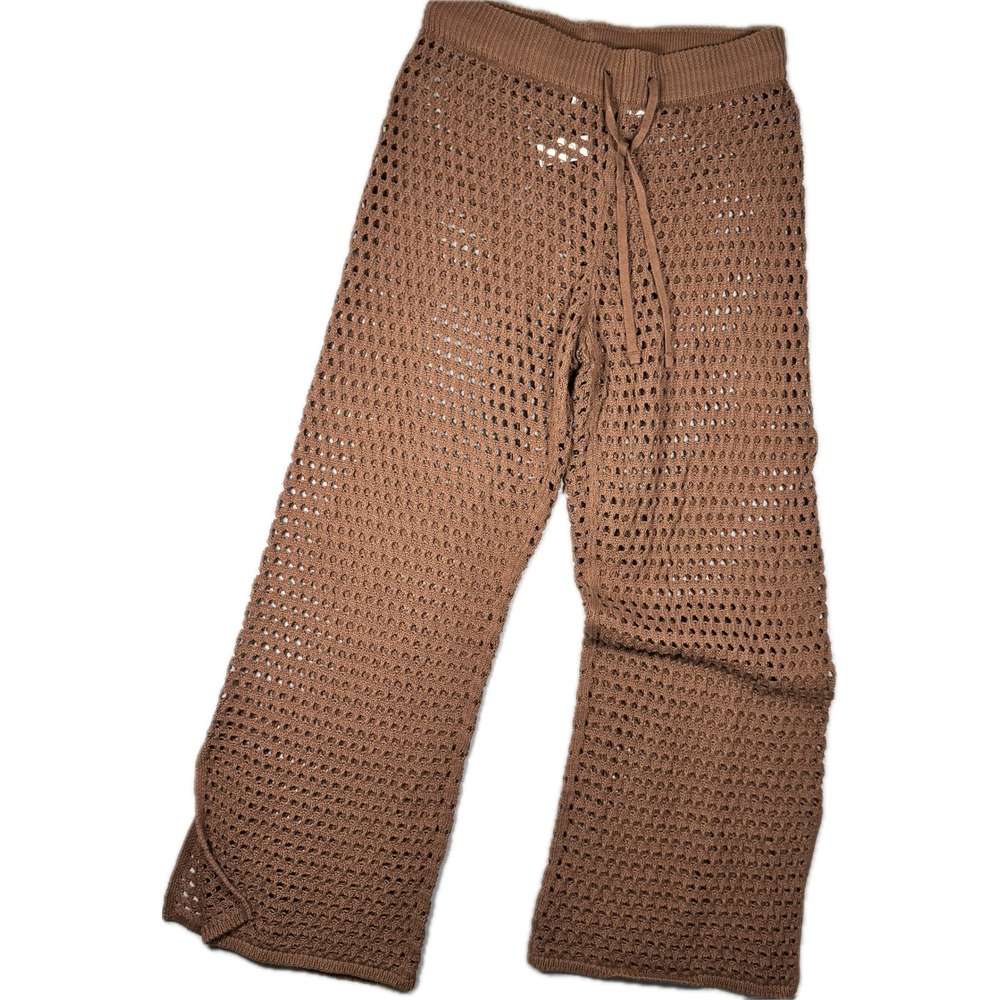 NWT Aerie Crochet Pants Women Large Brown Open Knit Wide Leg